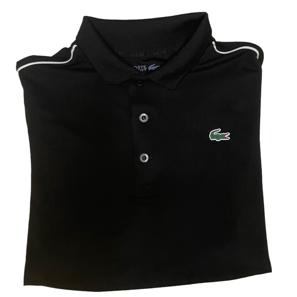 Men's Lacoste SPORT Contrast Piping Breathable Piqué Polo Shirt Black Size 5 L